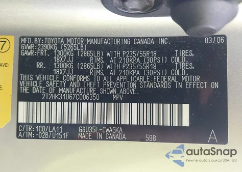 2007 Lexus Rx 350 z USA, uszkodzony, nr VIN 2T2HK31U67C006350